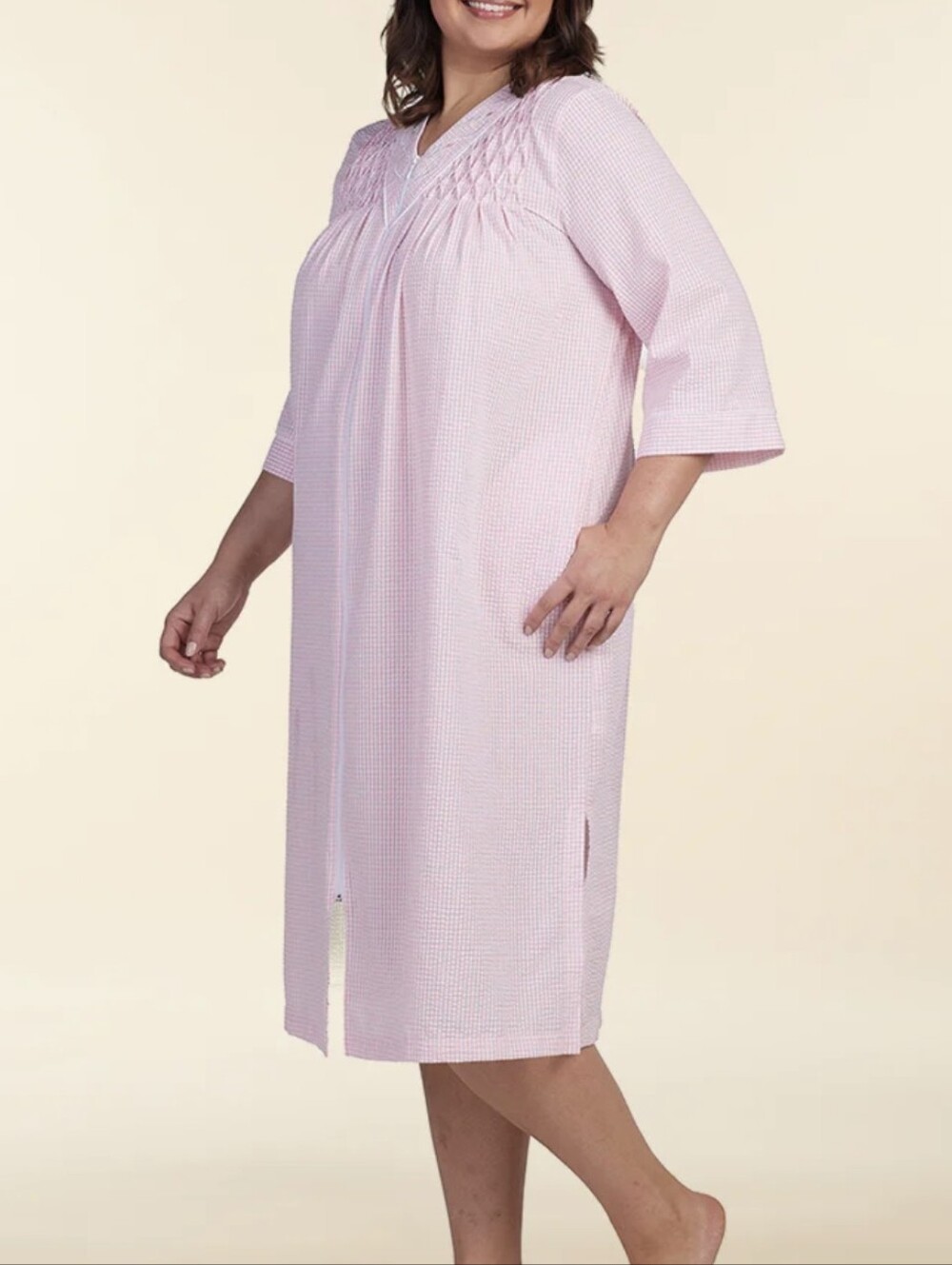 Miss Elaine Seersucker Long Robe Lavender White Check Zip Front Pockets Size L
